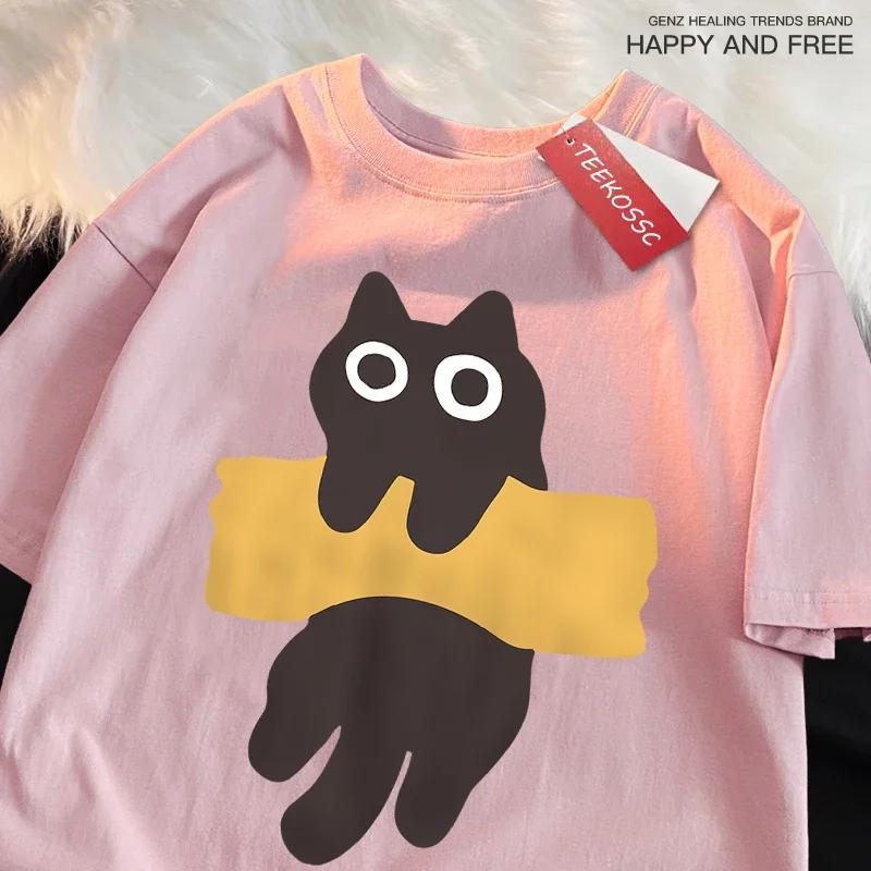 Fun Adhesive Tape Cat Print Japanese Style Short Sleeve Unisex Unisex Cotton Oversized TShirts Oversized ONeck New Tops Tees