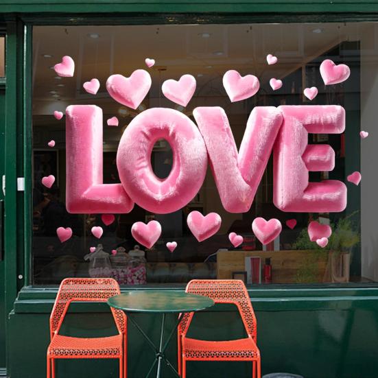 Valentine's Day Window Cling Removable Waterproof PVC Pink Bow Love Letter Heart Static Glass Sticker Wedding Holiday Party Window Decoration Decal