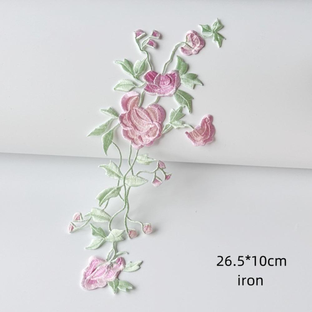 Rose Flower Flower Embroidered Cloth Patch Long Strip Pink and Green Iron-on Patch Adhesive Back 3D Embroidered Patch