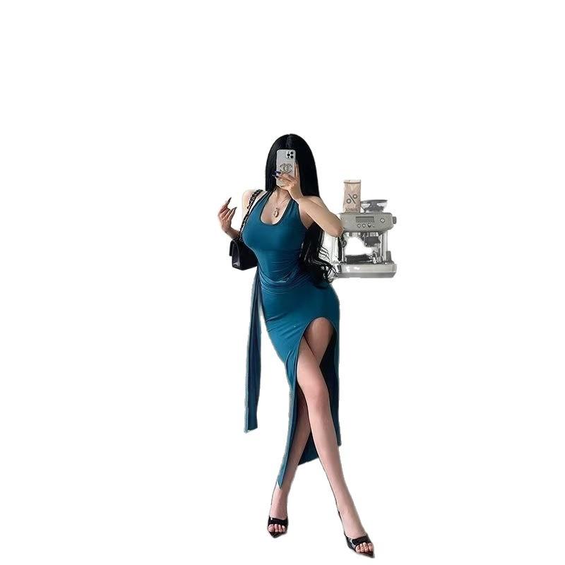 Pure desire sexy wind slim fit and thin pleated streamer neck dress women's high-end sense solid color backless split long dress