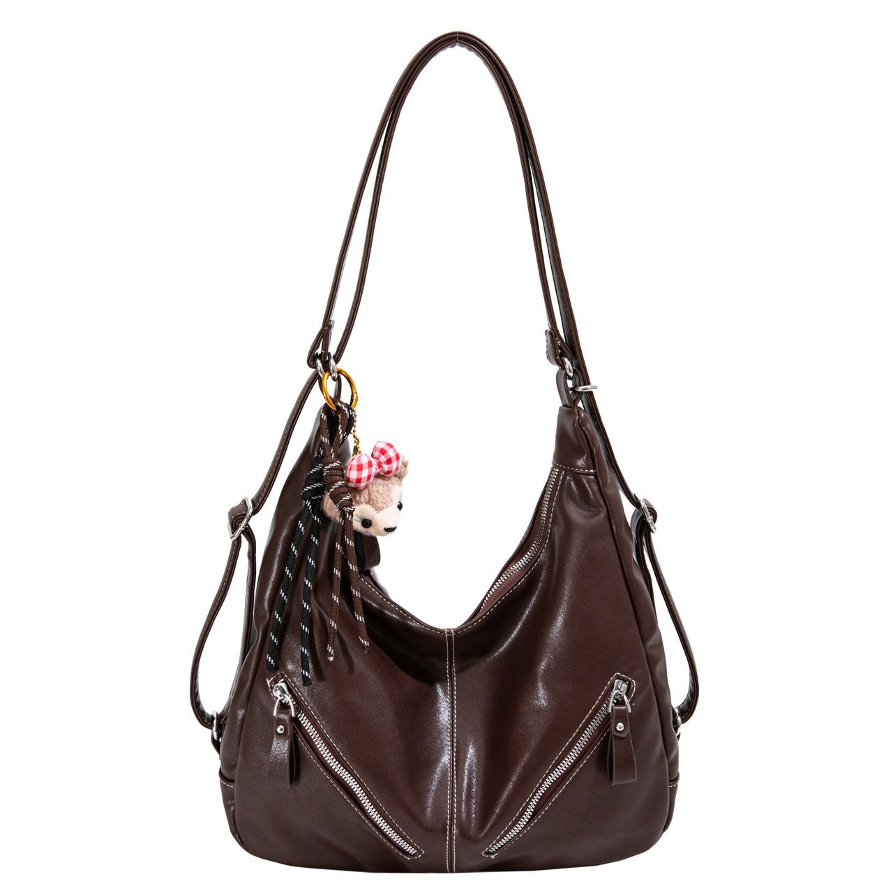 

Large Capacity Tote Bag Women s New Fashion Casual Backpack Shoulder Bag With pendant темно-коричневого кольору