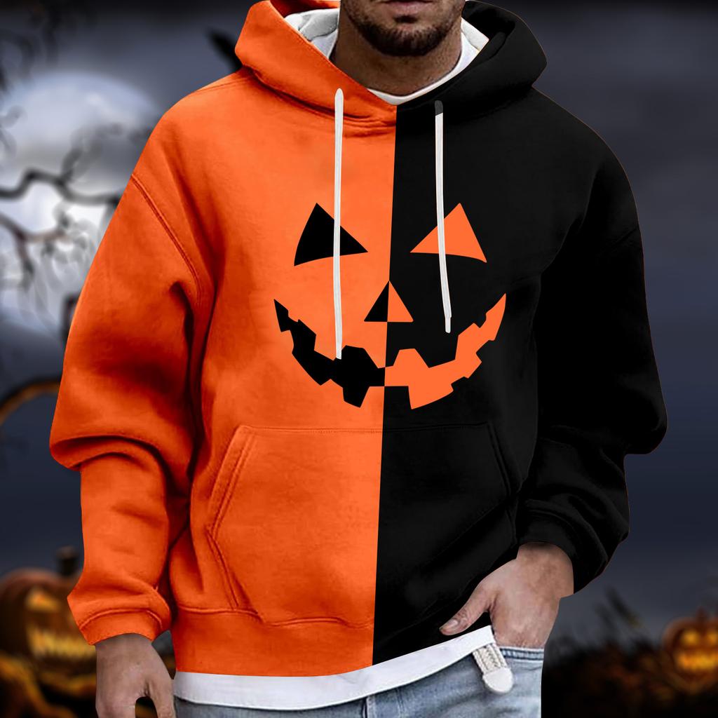 Men's Halloween Hoodie Funny Pumpkin Face Hoodie Scary Long Sleeve Top