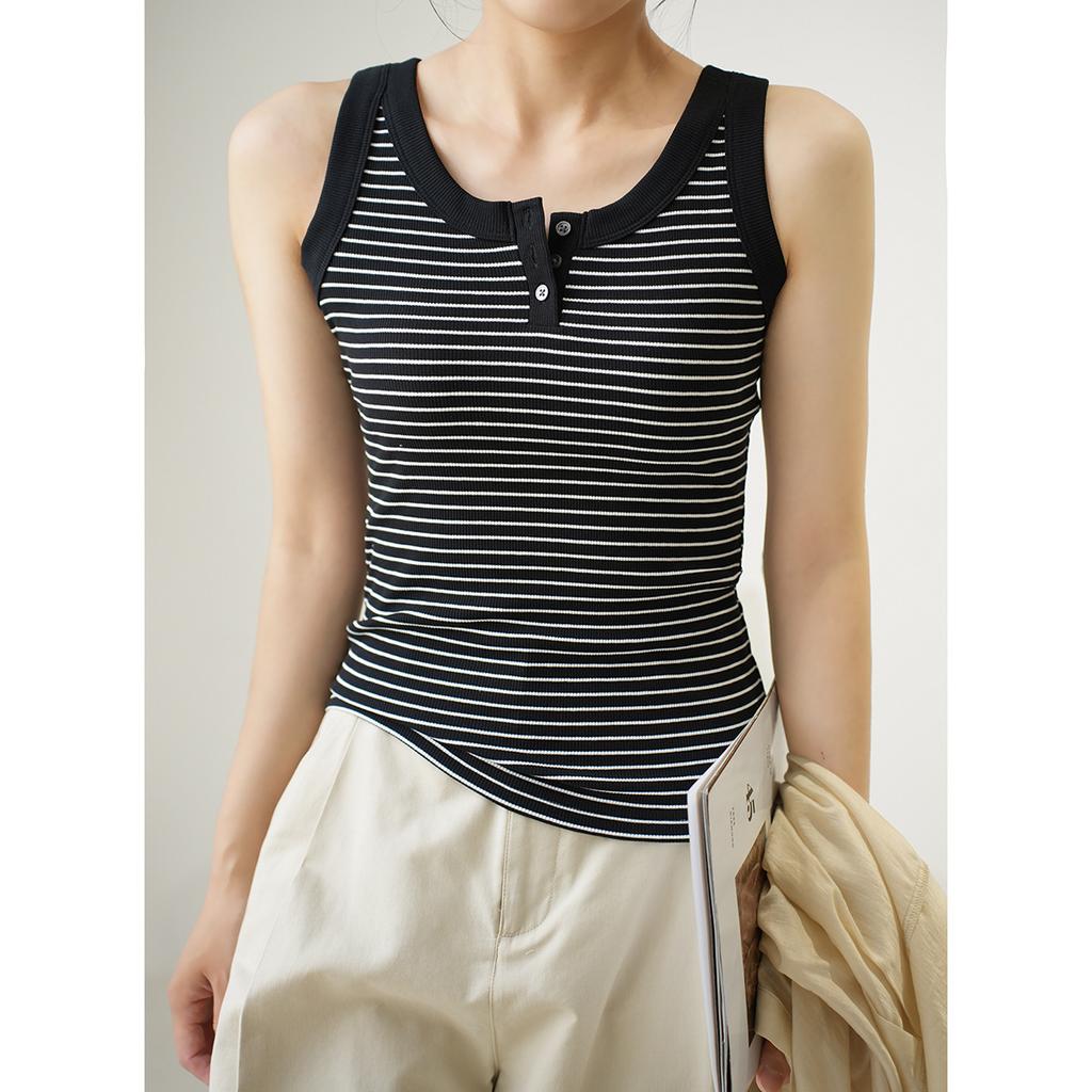 Pure Cotton Vest for Women with Striped Buttons and Suspenders To Cover Breasts and Prevent Exposure, Summer T-shirt