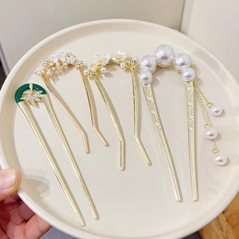 New Retro Temperament Pearl U-shaped Hairpin Pill Head Plate Hair Ware Hairpin Hairpin Headwear