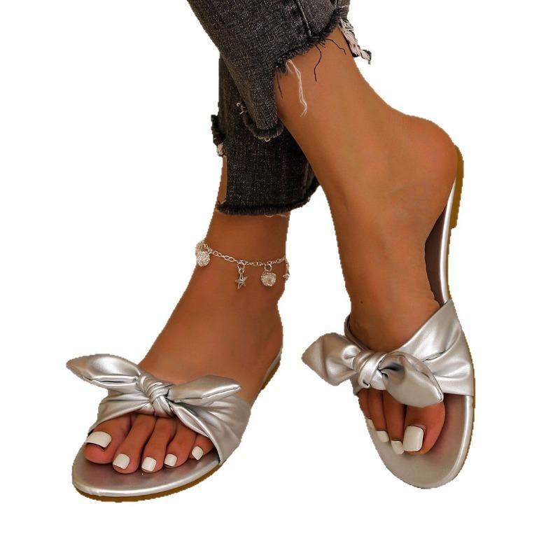Women's Wide Width Bow Buckle Slides - Minimalist Single Strap Sandals for Summer, Casual Flat Mules