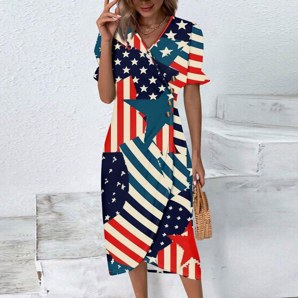 Strandkleider für Damen Frühling Sommer Elegant Wickel V-Ausschnitt Unabhängigkeitstag Print Kleid Fließend Gerafft Hawaiianisches Maxikleid