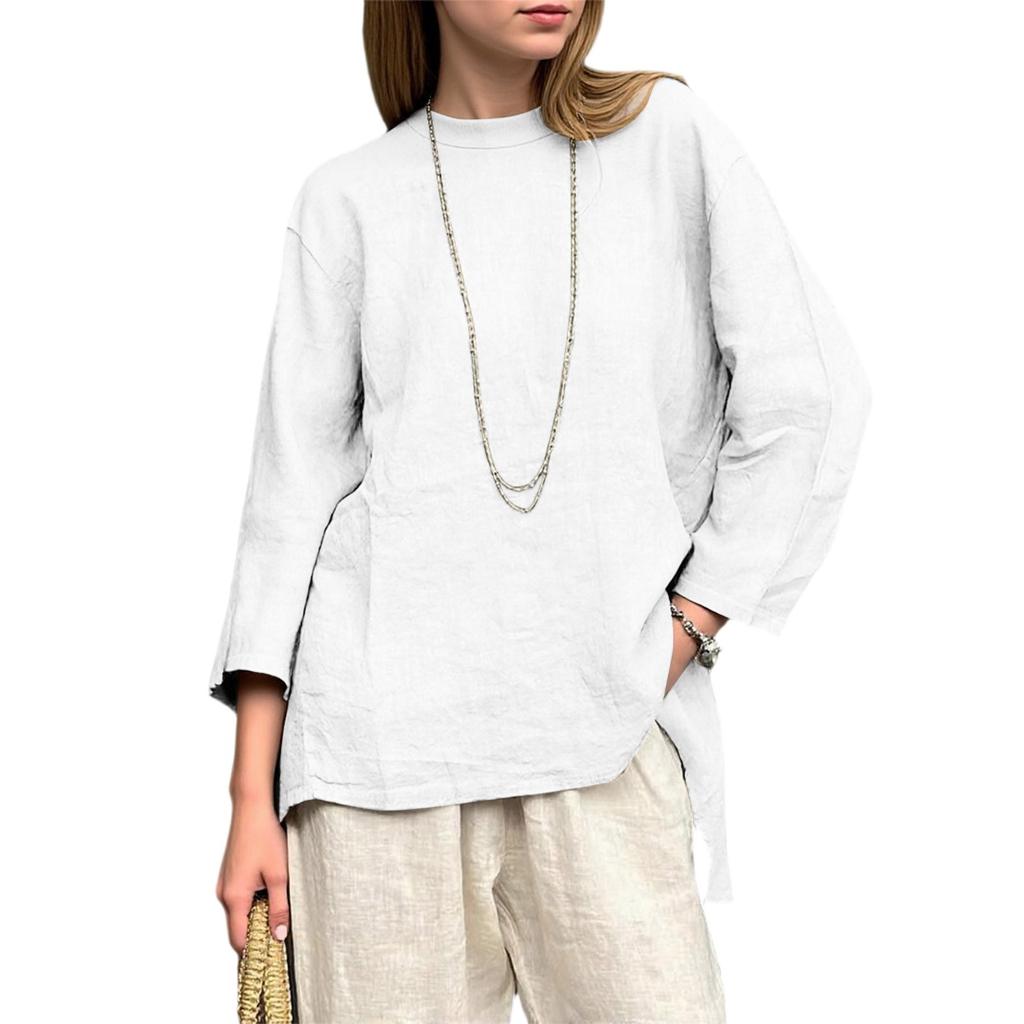 Women's Loose Cotton And Linen Retro Printed Round Neck Long Sleeved Fashionable Top