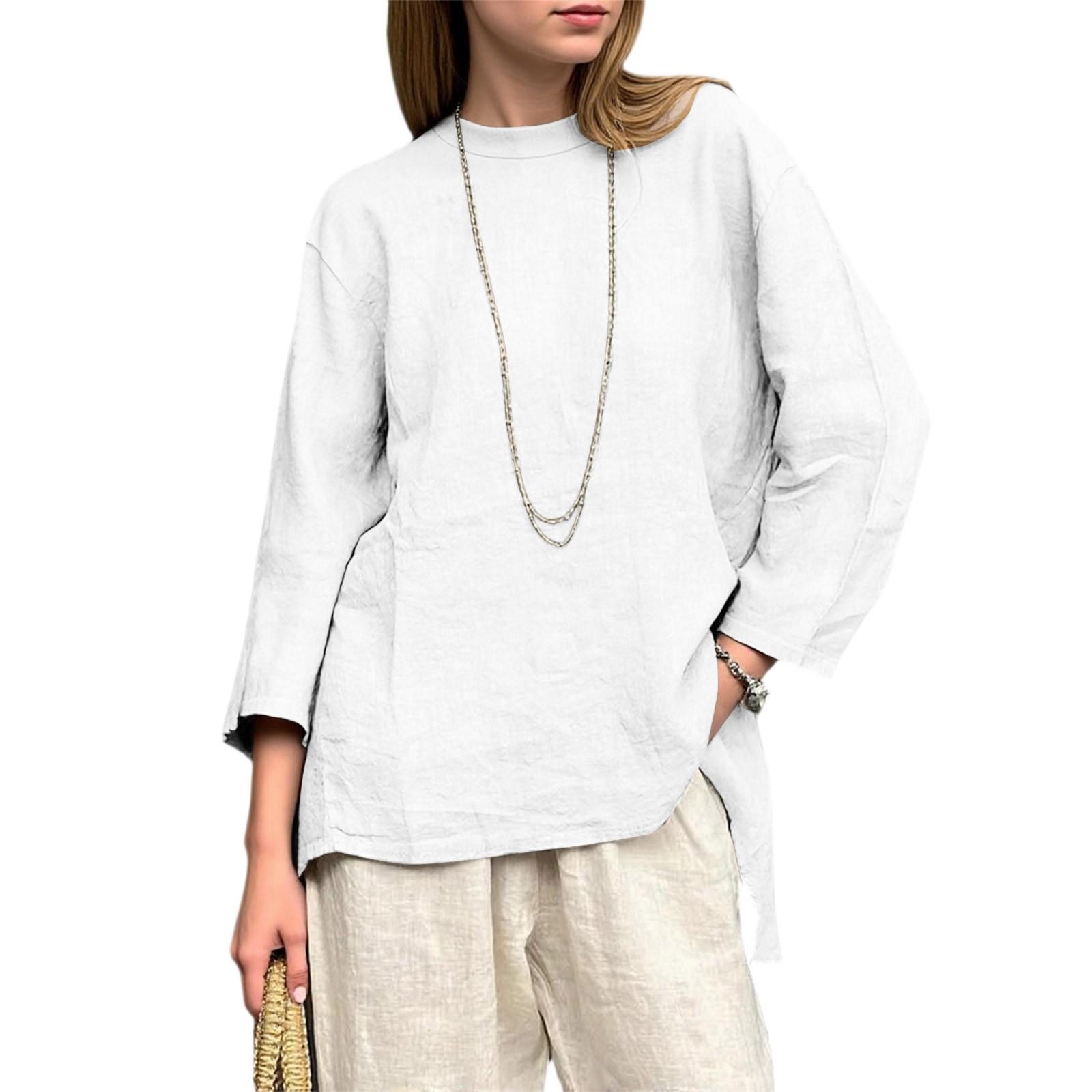 

Женский свободный топ из хлопка и льна с ретро-принтом, круглым вырезом и длинными рукавами XL