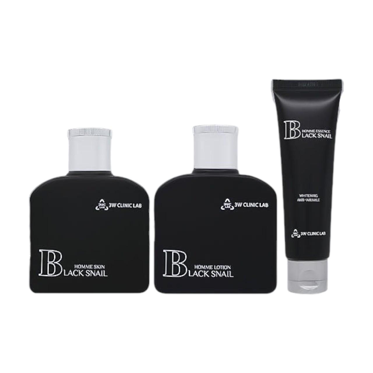 3W Clinic Lab Black Snail Homme 3-Piece Skincare Set - Skin 130ml + Lotion 130ml + Essence 60ml, Repairing & Hydrating Men s Grooming Kit