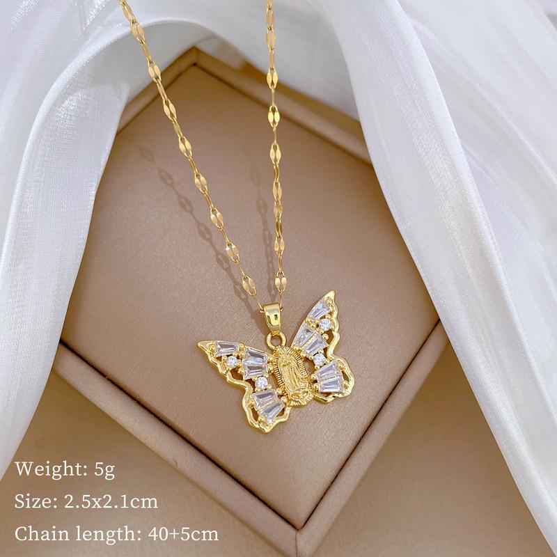 Empty Zircon Butterfly Light Luxury Temperament Gorgeous Full Diamond Necklace Female Versatile Collarbone Chain Titanium Steel Chain