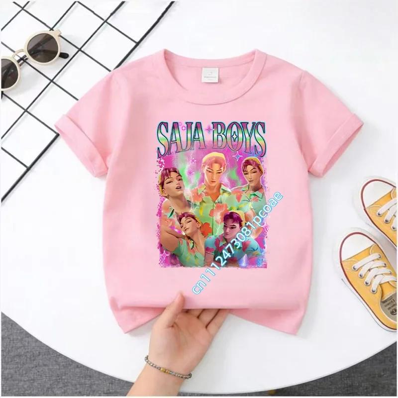 Summer Movie Soft Polyester KPop Demon Hunters Girl's T-Shirt Anime SAJA BOYS Short-sleeved Shirt Fashion Tee Parent-child Outfit
