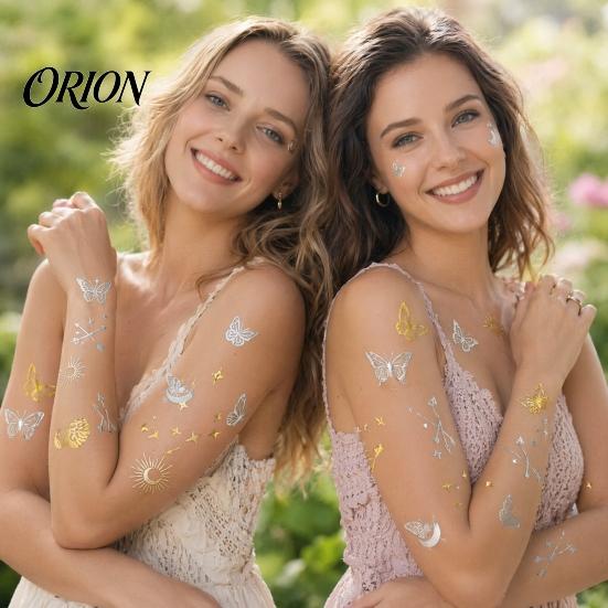 Adult Child Fake Tattoos Golden Silver-color Metallic Tattoo Sticker for Women Girls, Temporary Stickers Face Body Arm Decoration, Waterproof