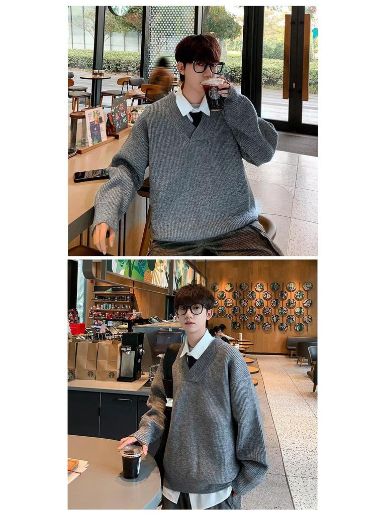 Autumn Winter 2025 Men's Casual Retro V-Neck Cardigan Sweater - Solid Color Knit Outerwear