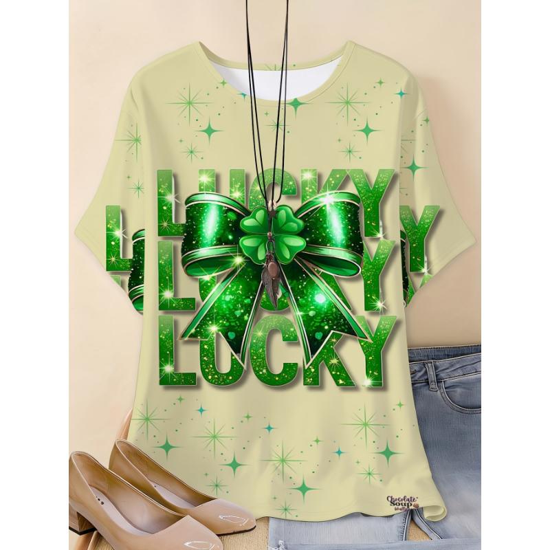 Fashion Women's Crew Neck Short Sleeve 3D Four Leaf Clover Color Printed Four Leaf Clover Short Sleeve Crew Neck T-Shirt