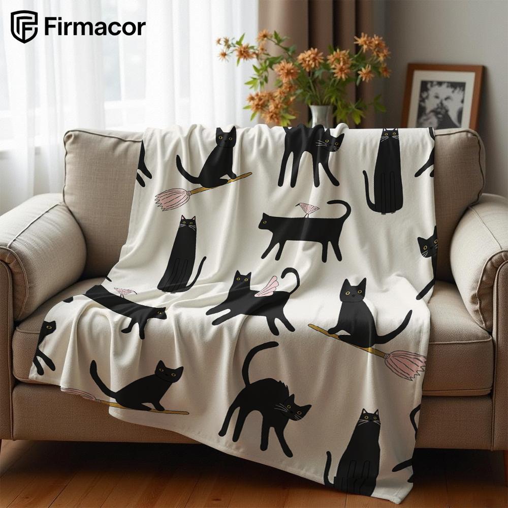 Magic Black Cat Cartoon Anime Print Flannel Blanket Soft Warm Throw for Kids Bedroom Sofa Bed Christmas Office Car