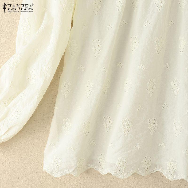 ZANZEA Women Casual Lace Crochet Patchwork Long Sleeve Blouse