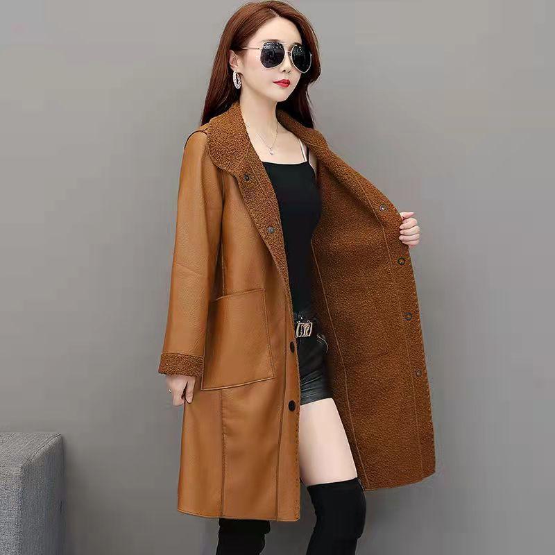 Medium and Long Teddy Fleece Trench Coat Women's New Leather Jacket Women's Fashion Casual Large Size