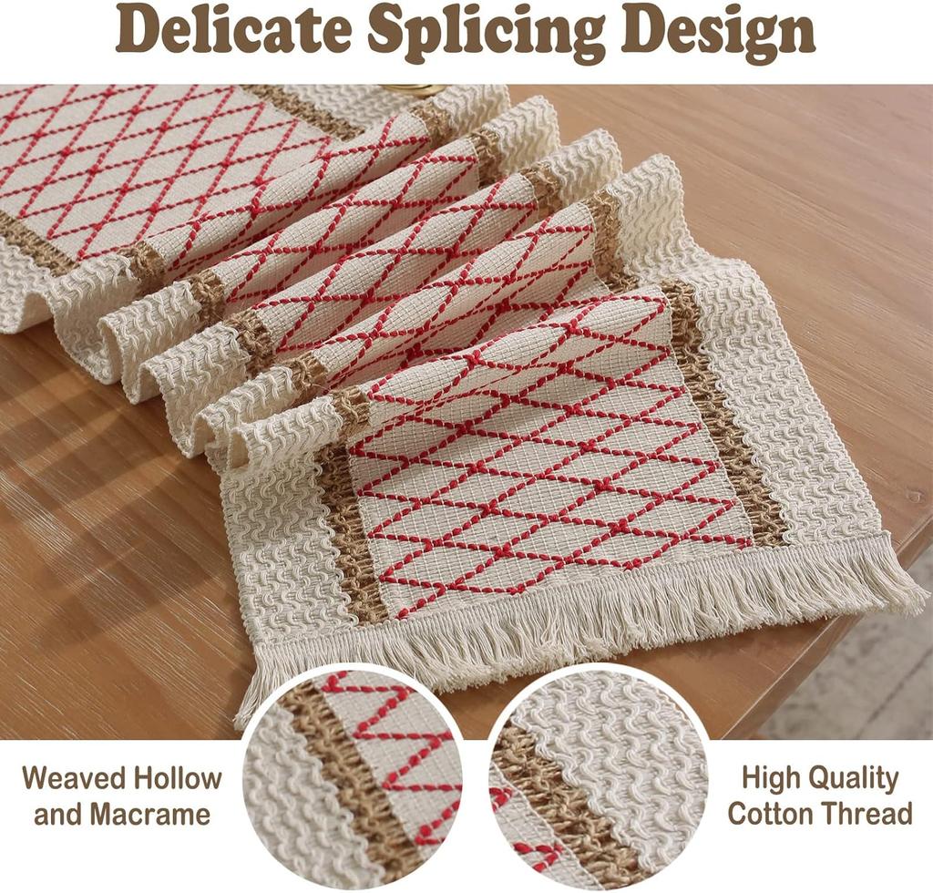 Bohemian Rustic Wedding Decor Cotton Linen Table Runner with Tassels