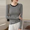 Women Black White Striped Cotton Fitted Long Sleeve Crew Neck Casual Base T Shirt Top