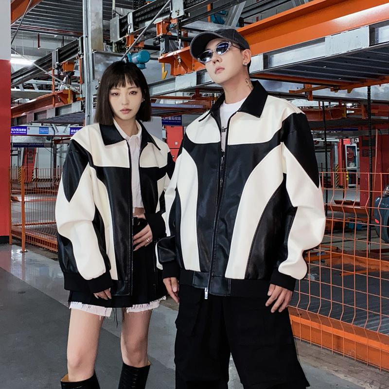 New Contrasting Leather Jacket Couple Autumn Coat