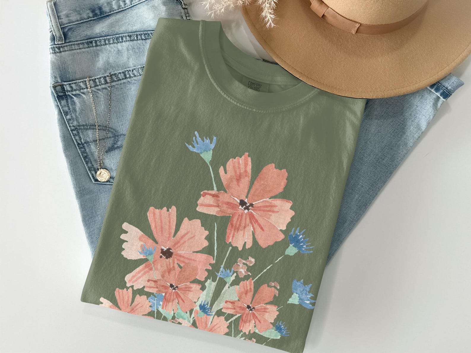 Watercolor Floral T-Shirt for Women, Cottagecore Wildflower Boho Tee, Botanical Garden L