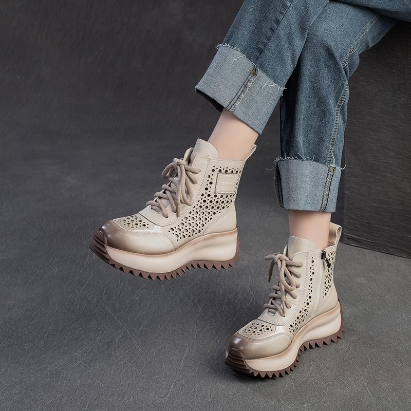 Spring/Summer New Top Leather Sponge Cake Bottom Hollow Martin Boots for Women