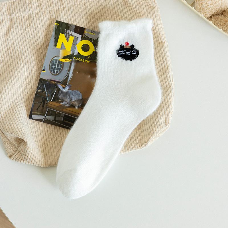 Cute Cartoon Mink Fur Socks for Children, White Mid-calf Socks, Thick and Warm Winter and Autumn Home Sleeping Socks