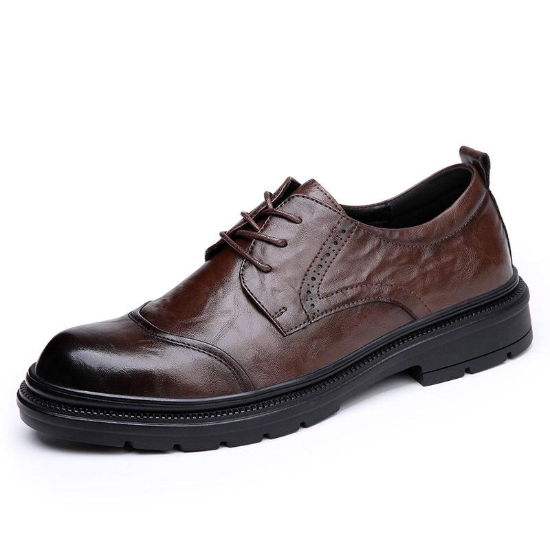 Men's Genuine Leather Business Formal Derby Shoes, Breathable Round Toe Lace-Up for Wedding & Casual Wear.