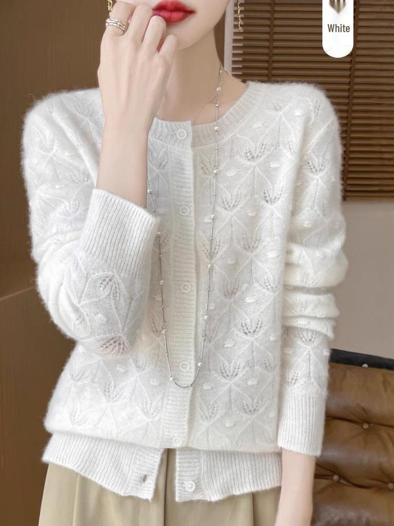 Autumn Women's High-Quality Knitted Wool Cardigan - Round Neck, Hollow-Out Jacquard Design, Loose Fit.