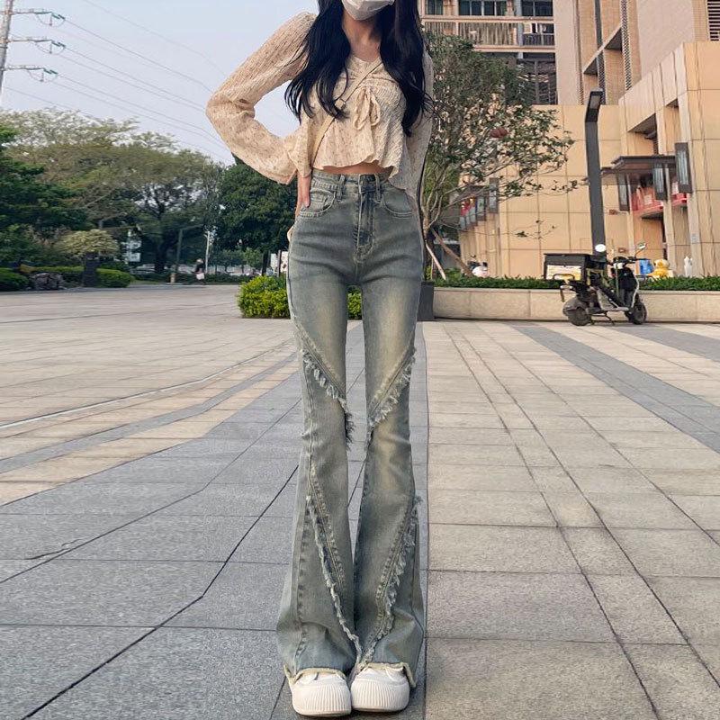 

Women s High-Waist Vintage Micro-Flare Denim Pants - Slim Fit, Elastic, Retro Patchwork, Raw Hem for Spring, Summer, Autumn S