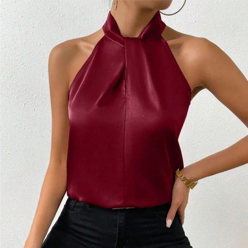 Hanging Neck Sleeveless Imitation Silk Top Halterneck Sleeveless Imitation Silk Tops