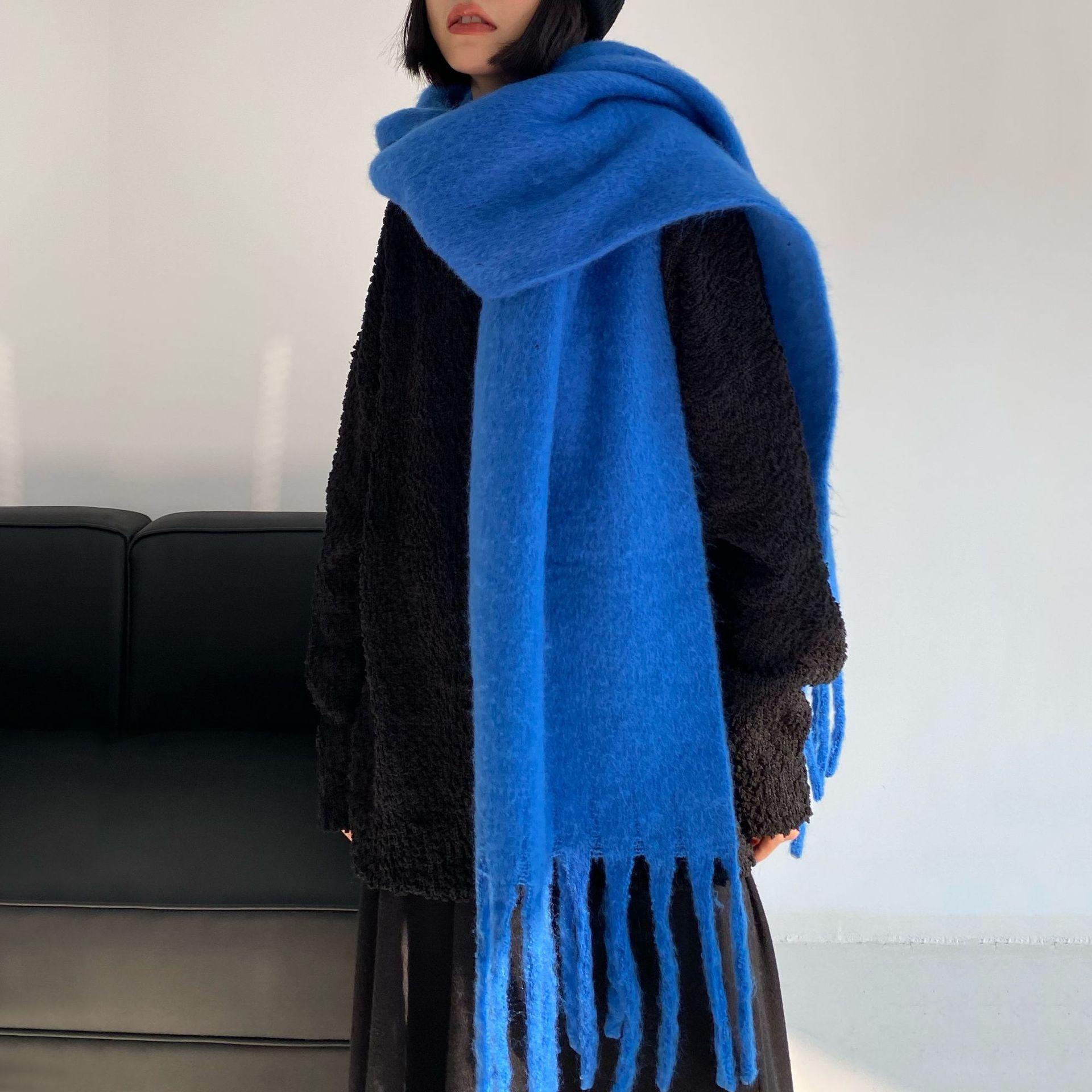 

Winter Korean Blue Solid Color Thick Fringe Scarf Unisex Fleece-Like Cashmere Thickened Warm Large Shawl One Size