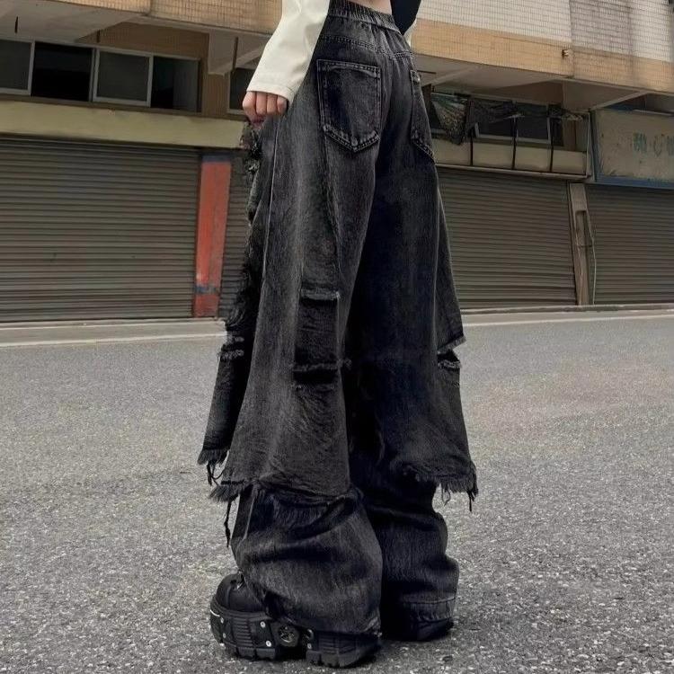 Übergroße Patchwork Schwarze Jeans Damen High Street Hiphop Denim Hose Y2K Harajuku Y2K Gothic Locker Weite Beine Hose