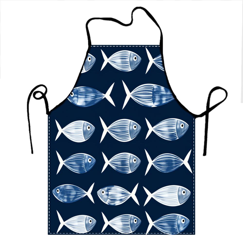 Blue Fish Pattern Apron For Cooking And Baking Kitchen Apron With Adjustable Straps And Neck Loop Design