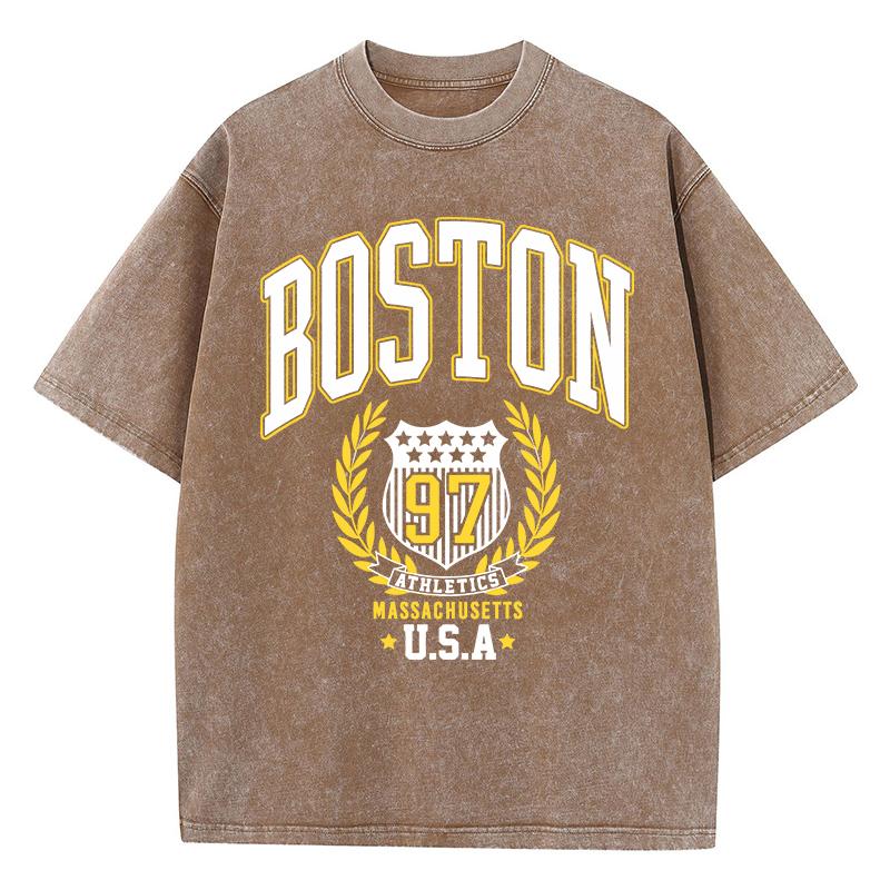 Vintage Womans Acid Wash T-Shirts Boston Athletics Badge Prints Tops Crewneck Cotton Oversize Tee Shirts Clothes