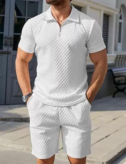 Mens Summer Sport Casual Knit Polo Shirt And Shorts Two Piece Set
