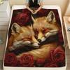 Fox and Roses Pattern Flannel Blanket, High Quality Comfortable for All Seasons, Home Decor, Warmth and Comfort, Perfect for Gifts.