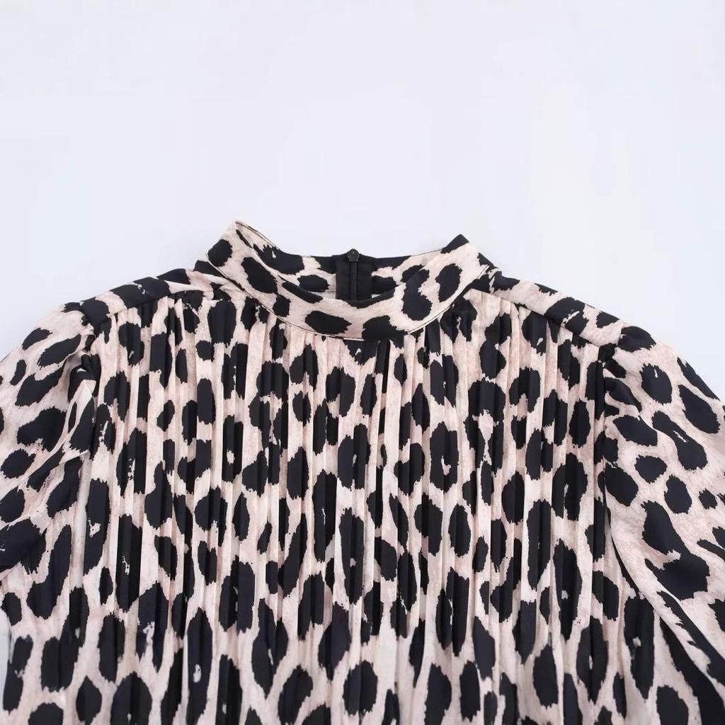 2025 Spring Women's European & American Style Print Stand-Up Collar Waist-Hugging Dress