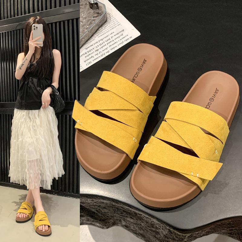Fashion 2025 Summer New Women's Slip-On Sandals Thick Heel Heightening Casual Versatile Comfortable Beach Cool Slippers Rubber Bottom
