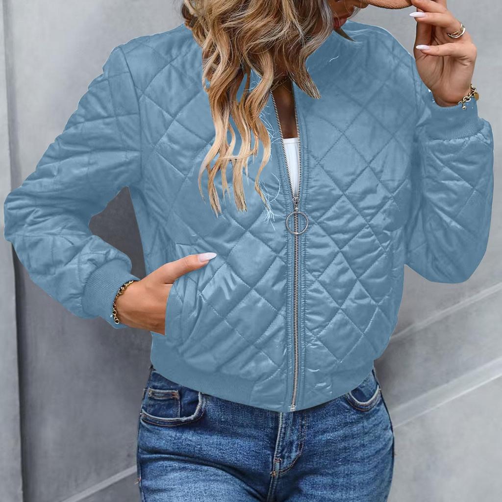Ladies Zipper Long Sleeve Stand Collar Check Slim Baseball Padded Top Blouse Jacket Coat