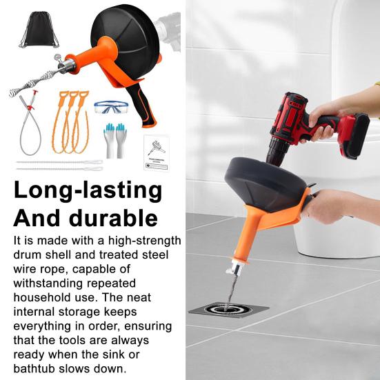 1 Set Pipe Unclogger Kit Electric Drill Operation Kitchen Bathroom Shower Floor Drains Cleaner Includes Gloves Goggles Storage Bag
