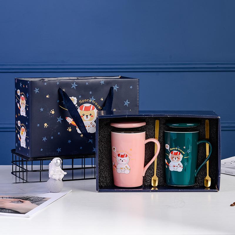 Animal Astronaut Couple Pair Cup Chinese Valentine's Day Ceramic Mug Gold Jewelry Event Gift Cup