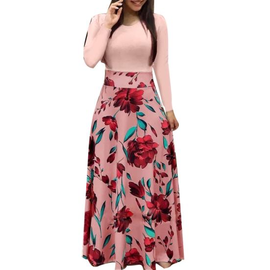 Damen O-Ausschnitt Lang Kurzarm Blumenmuster Großer Saum Tailleneng Maxi-Kleid