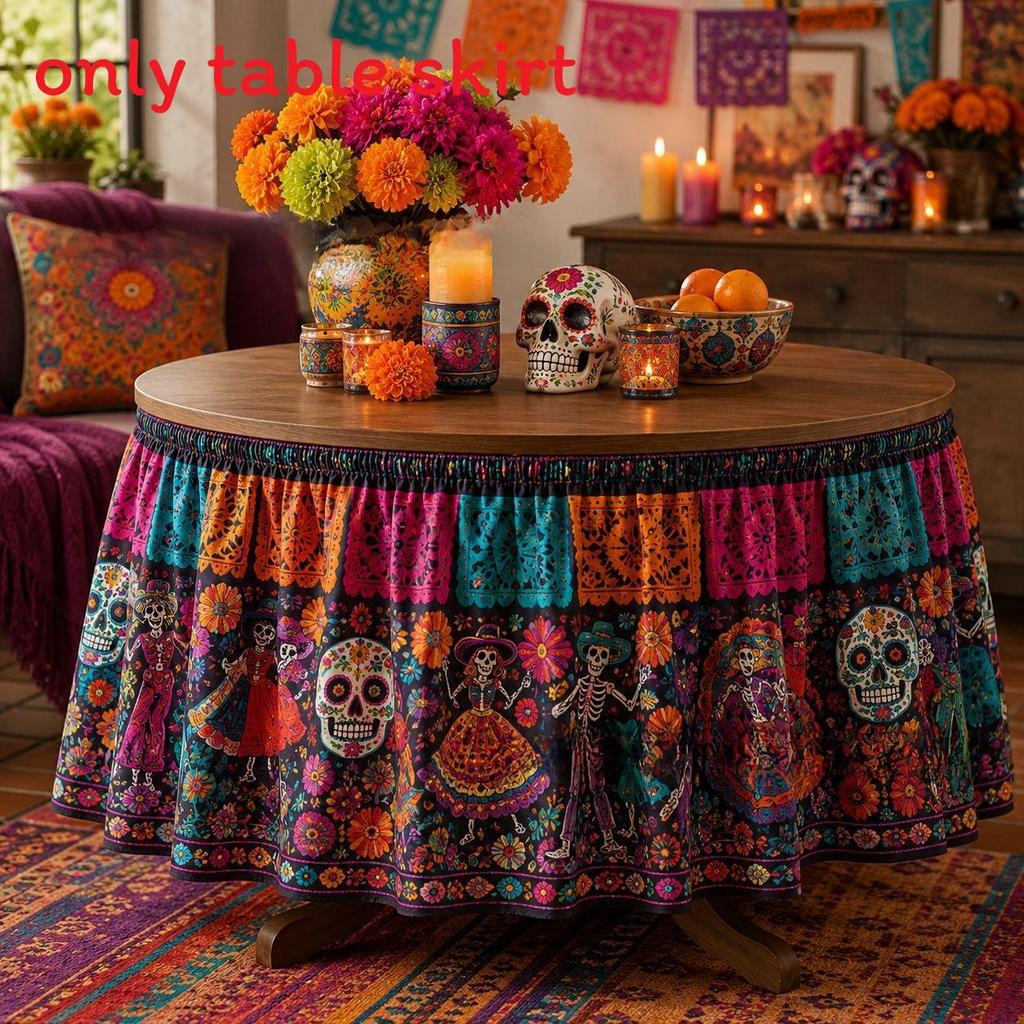 Dia De Los Muertos Table Skirt Mexican Skull Pattern Polyester Party Decor For Events