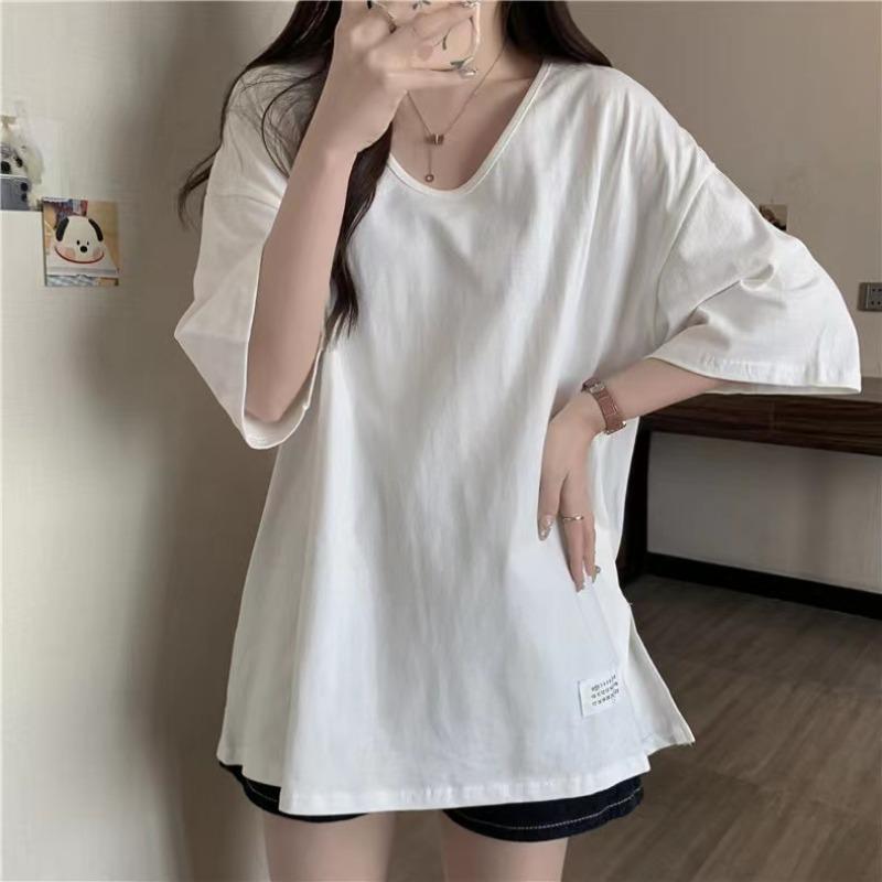 Cotton Short Sleeve Casual Loose T-shirt for Women Summer Fashion Solid Round Neck Plus Size T Shirt Woman Elegant Slim Simple Female Tee Tops 26294