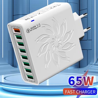 מטען USB 8 יציאות QC 5.0 טעינה מהירה תקע EU US KR 65W מטען מהיר מתאם מתח לאייפון 15 שיאומי סמסונג מטען קיר