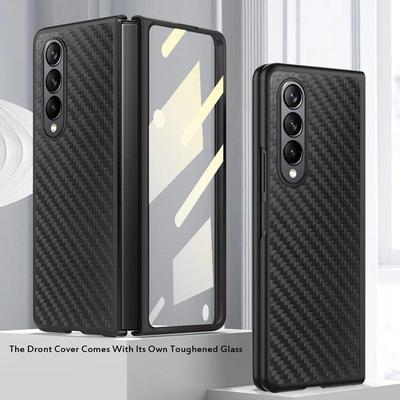 Luxuriöse Premium-Carbonfaser-Hülle für Samsung Galaxy Z Fold 3 4 5G Fold4 Fold3 mit Frontbildschirm-Folienschutz, Business-Abdeckung