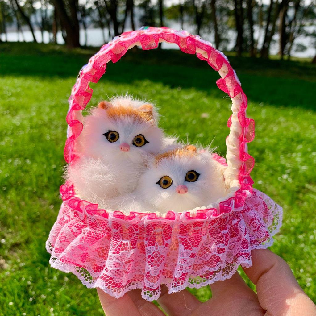 Mother Cat and Kitten with Basket Figurine - Toy Gift for Kids or Girlfriend
