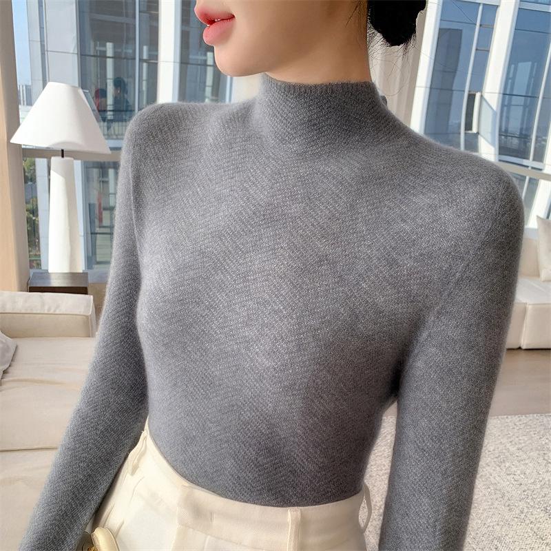 Women's Autumn Knit Pullover: Half-High Collar, Long Sleeve, Seamless One-Piece Base Layer Sweater