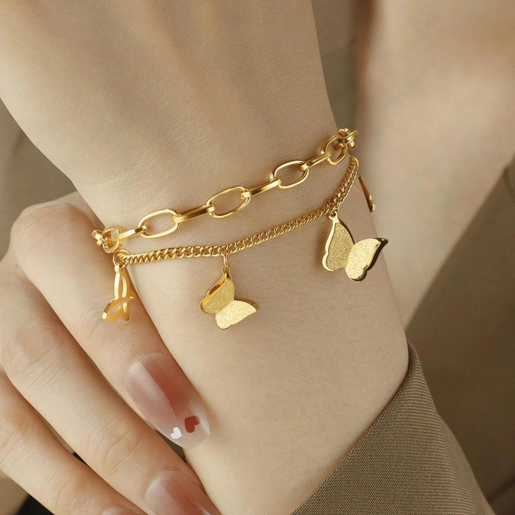 Trendy Titanium Steel Butterfly Double Layer Bracelet for Women - Hip Hop Fashion, Non-Fading, Versatile Jewelry